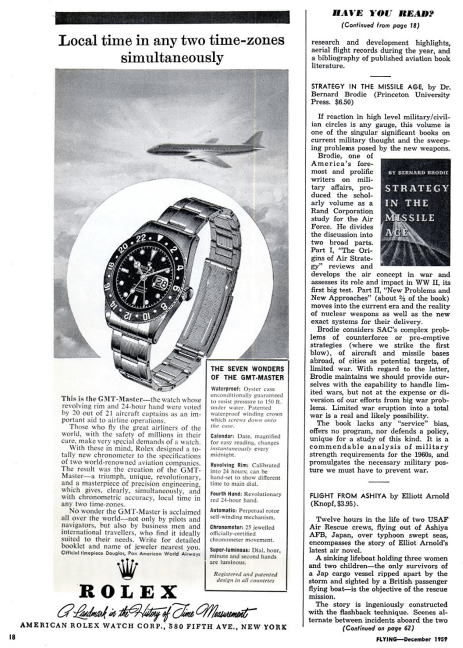 Publicité pour la Rolex Gmt-Master du magasine Flying de décembre 1959