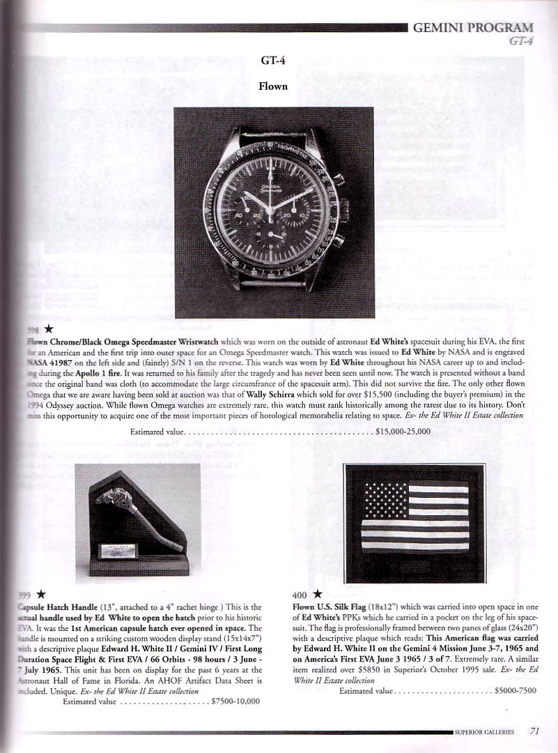Catalogue de vente aux enchères datant de 1999 présentant la Speedmaster d'Ed White