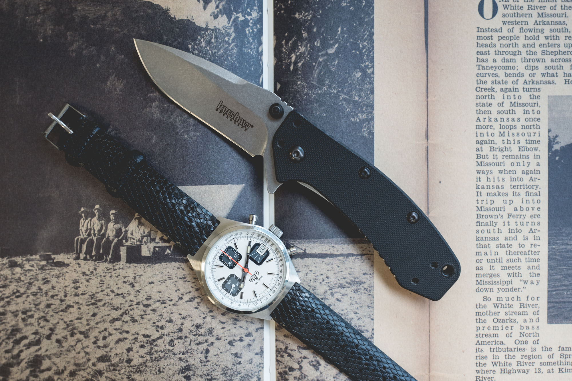 Chronographe Heuer et couteau pliant Kershaw Cryo en acier et G10