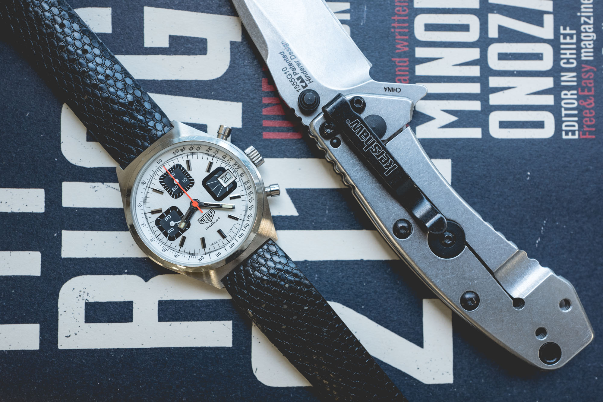 Chronographe Heuer et couteau pliant Kershaw en acier et G10