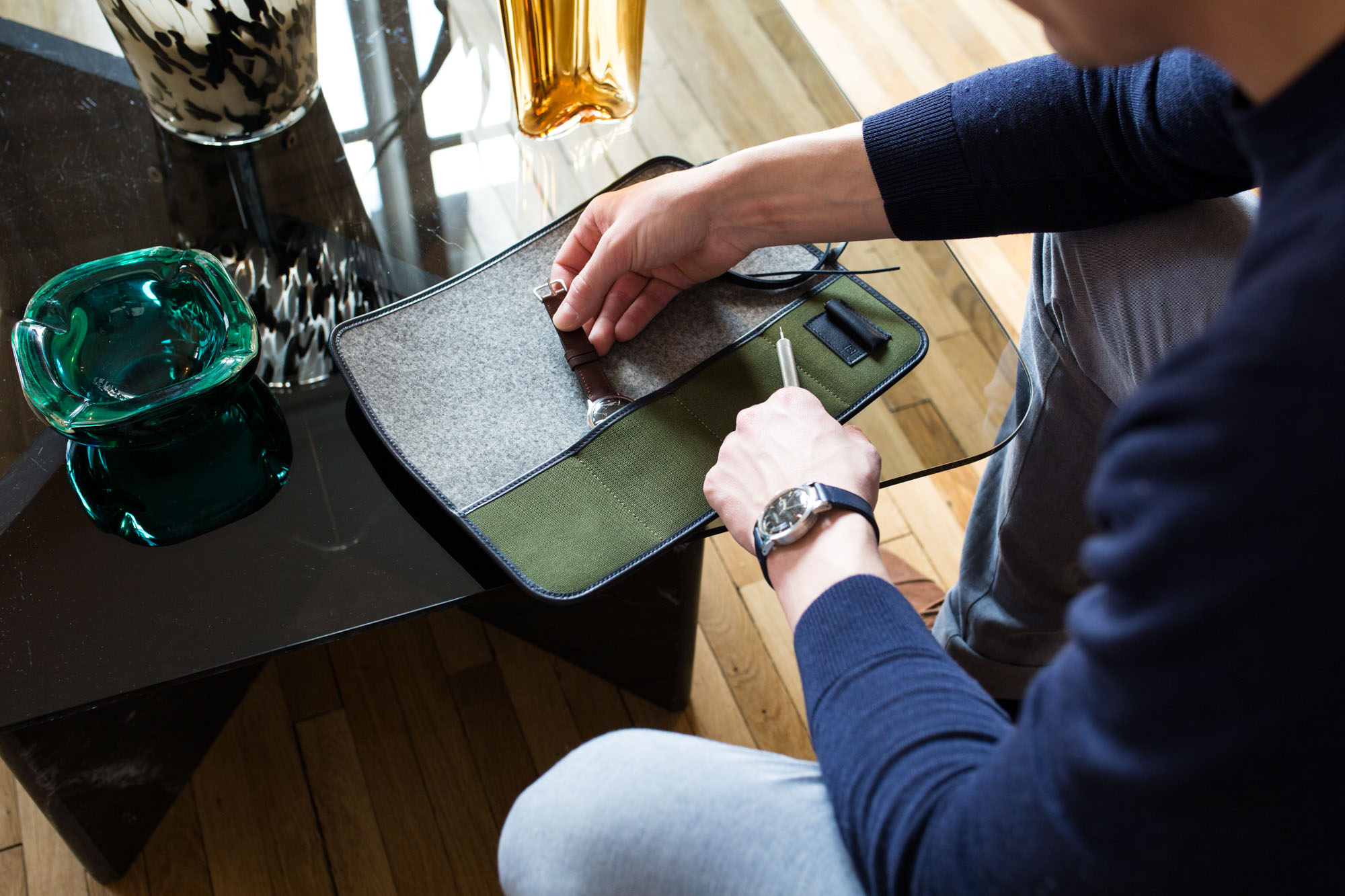 Marmotte - Pochette de transport pour montres en toile canevas vert forêt