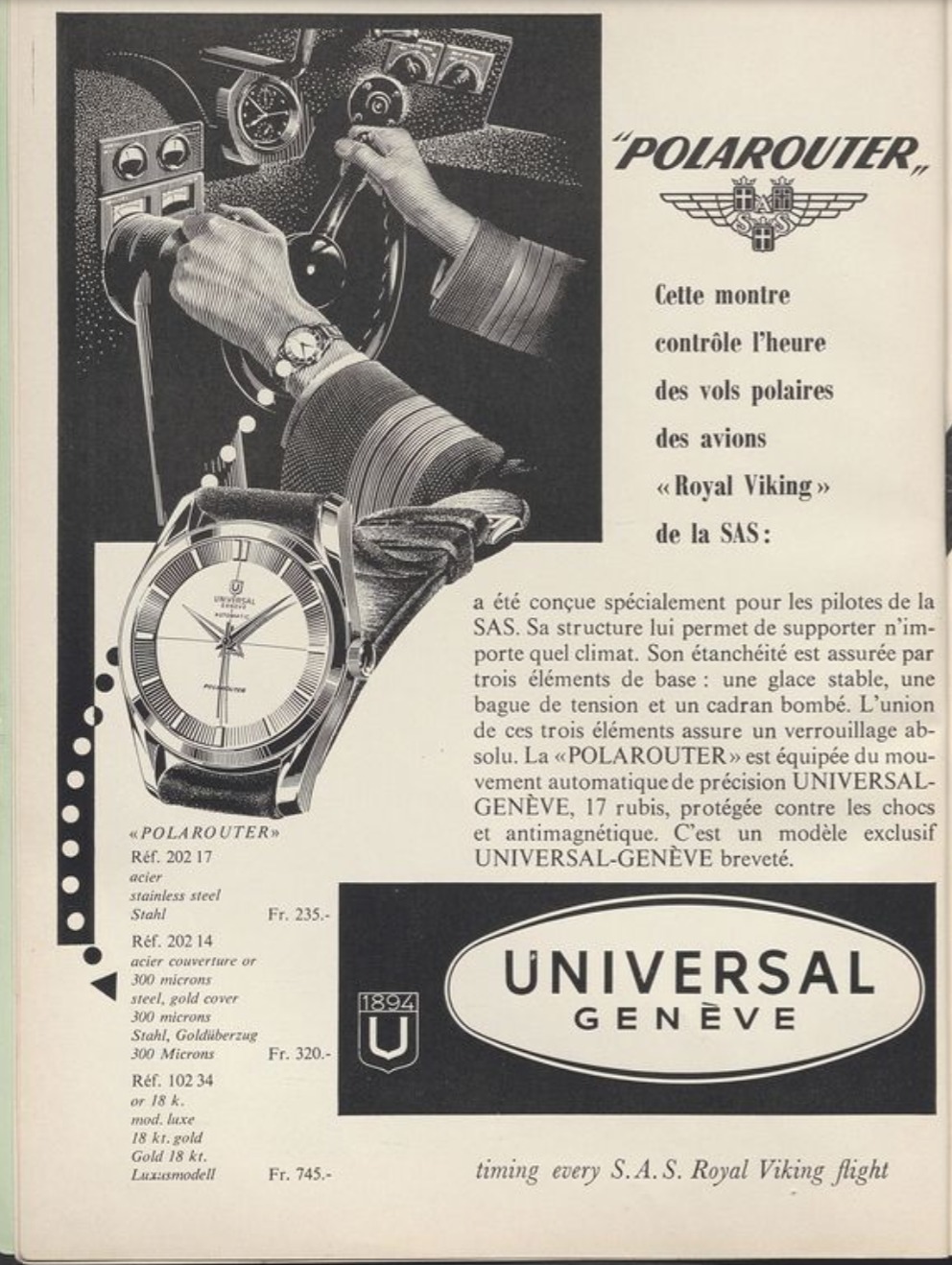 Publicité vintage Universal Genève pour la montre Polerouter des pilotes de la SAS