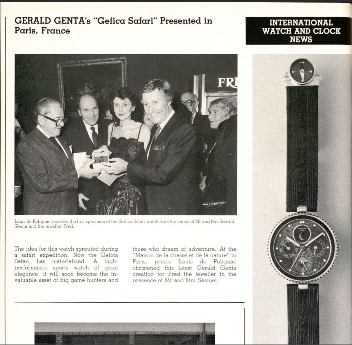 Article de presse sur la Gérald Genta Gefica Safari présentée à Paris avec une photo de remise