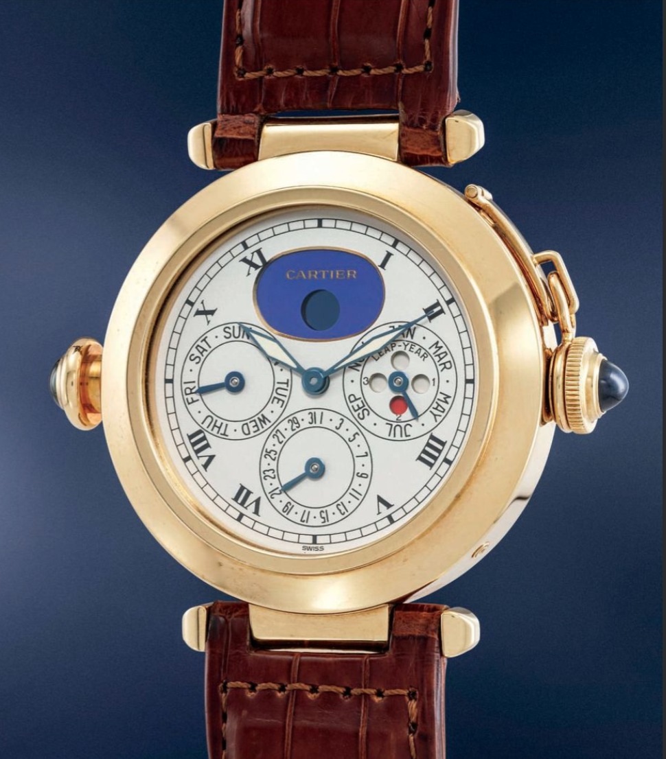 Cartier Pasha en or jaune à calendrier perpétuel avec phase de lune bleue et bracelet en cuir marron