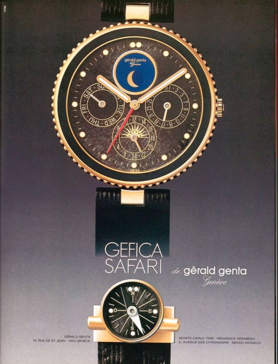 Publicité vintage pour la Gérald Genta Gefica Safari avec phase de lune, calendrier et boussole
