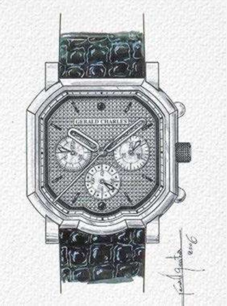 Croquis d’une montre Gerald Charles à chronographe avec cadran clous de Paris et bracelet noir